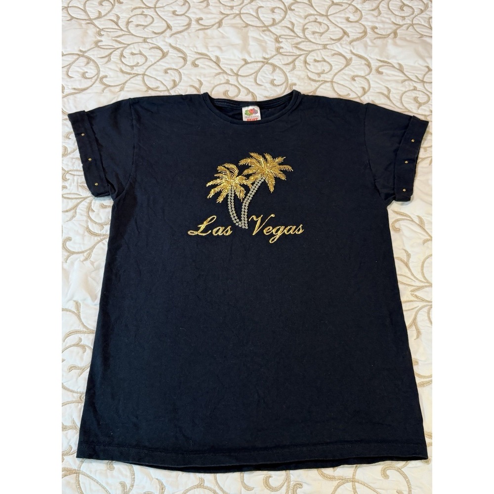Vintage Las Vegas T Shirt Women's Medium Black Rhinestone Palm Trees Graphic USA